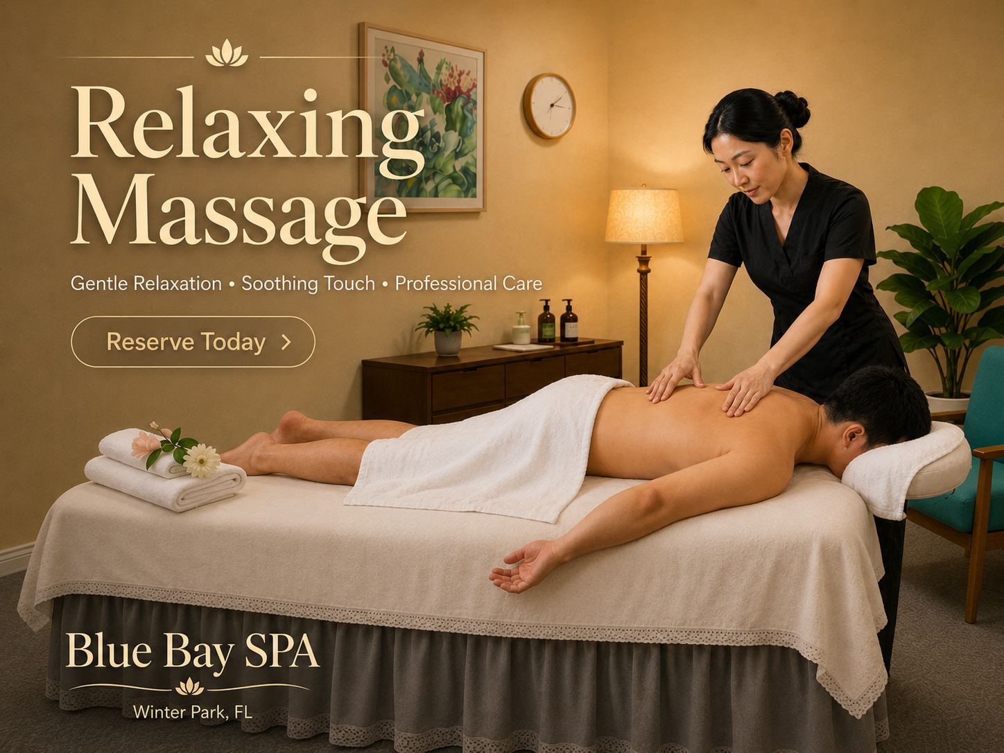 Calm massage session in a private room at Blue Bay SPA in Winter Park FL — first visit flow