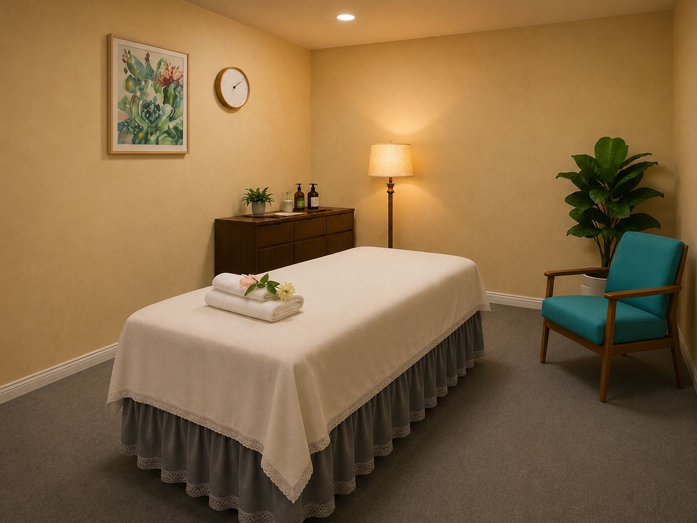 A private treatment room with warm wood, soft lighting, and fresh linens at Blue Bay SPA Winter Park