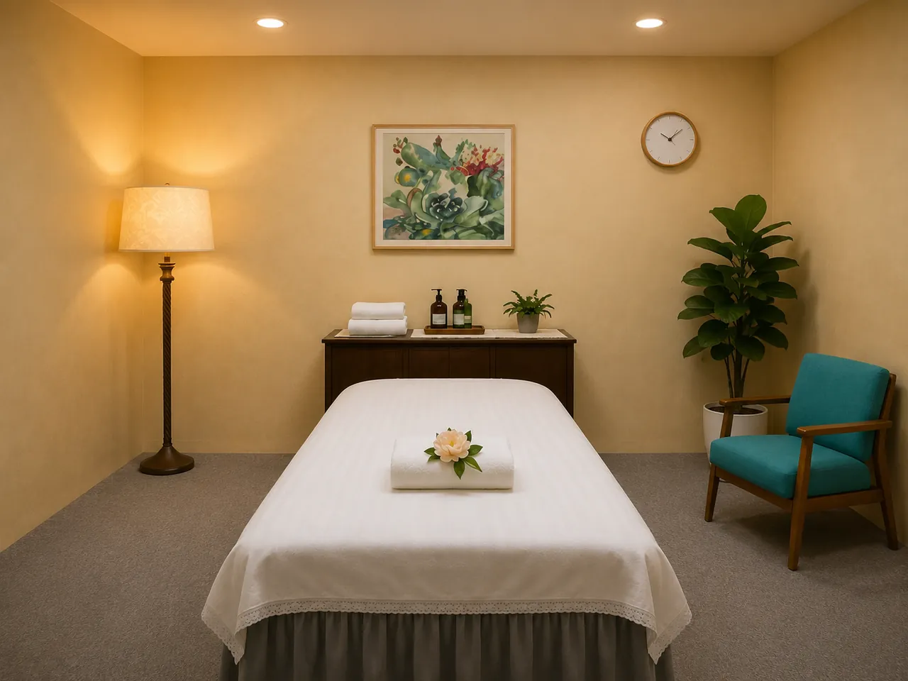 Warmly lit private massage room with teal chairs at Blue Bay Massage Spa in Winter Park, FL
