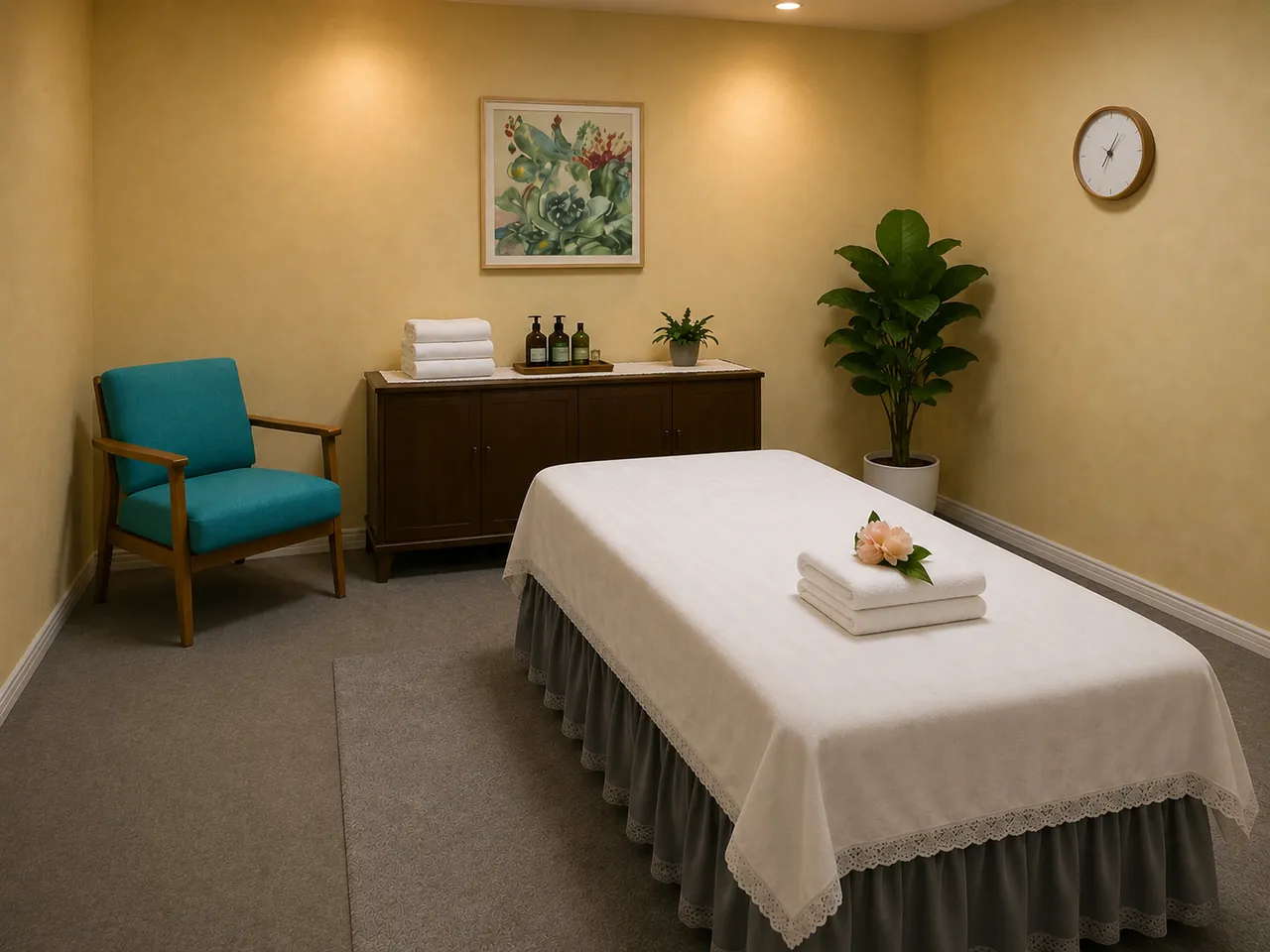 Quiet private massage room with teal chairs and a lamp at Blue Bay Massage Spa in Winter Park, FL