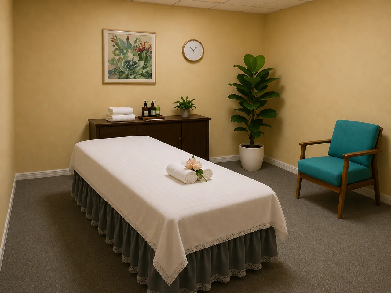 Massage room with a floor lamp and fresh towels at Blue Bay Massage Spa in Winter Park, FL