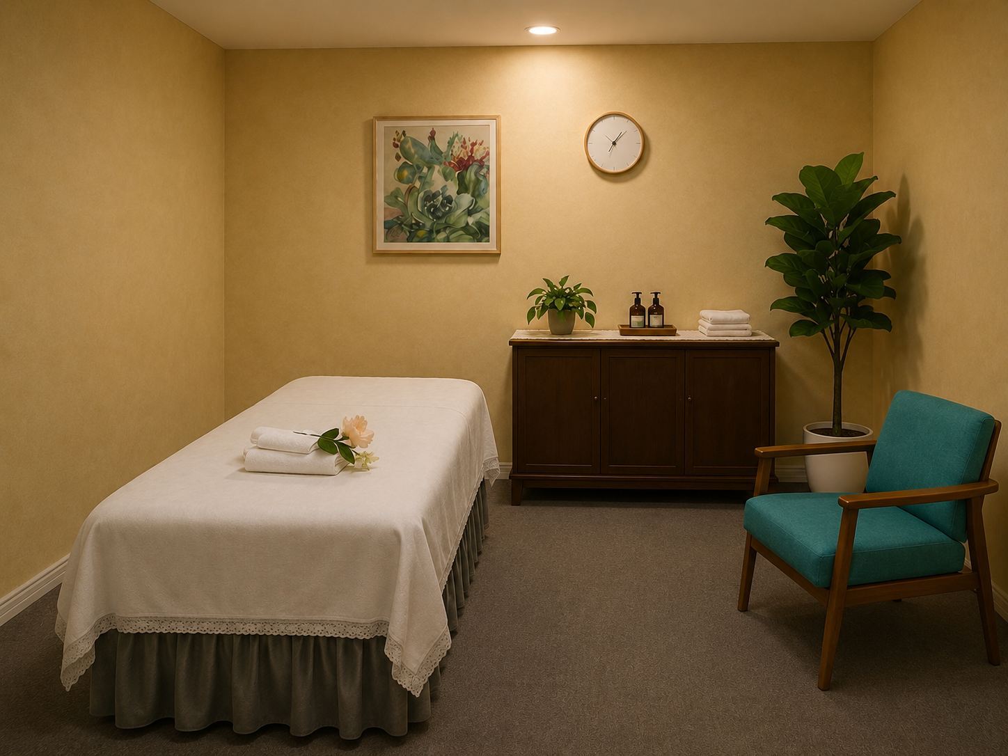 Private treatment room with warm wood and soft wall art at Blue Bay SPA Winter Park