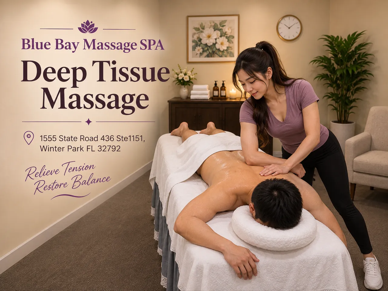 Therapist giving a deep tissue massage at Blue Bay Massage Spa in Winter Park, FL