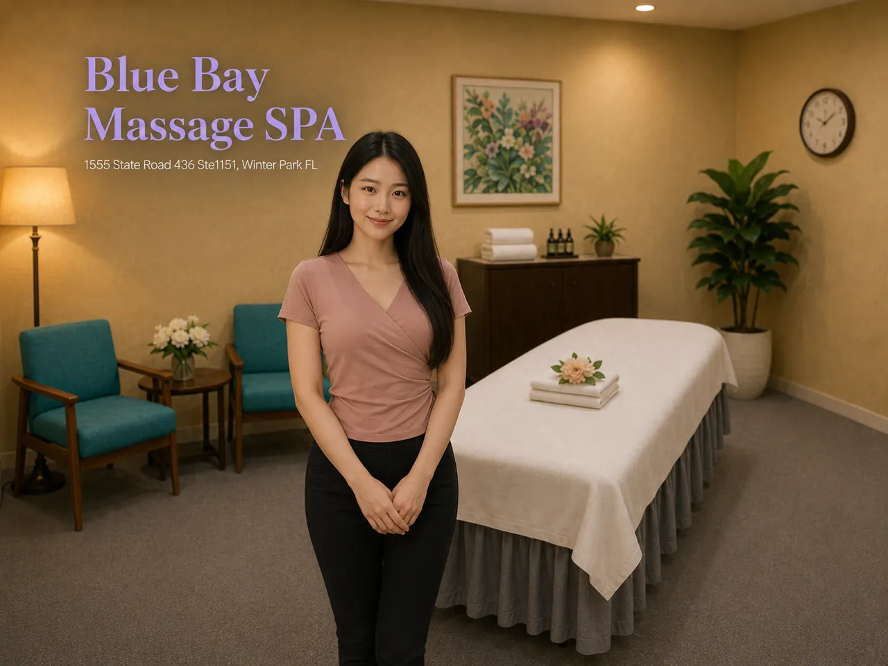 Staff member beside a fresh massage table at Blue Bay Massage Spa in Winter Park, FL
