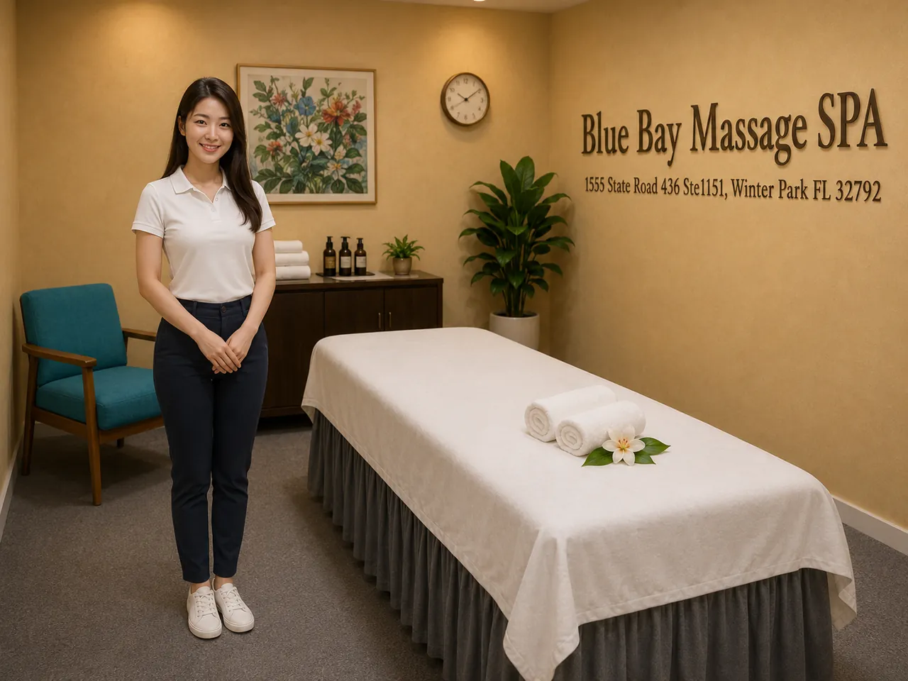 Friendly staff in a clean, private room at Blue Bay Massage Spa near Maitland, FL