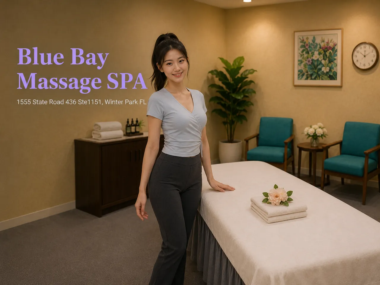 Staff member in a warm, quiet private room at Blue Bay Massage Spa in Winter Park, FL