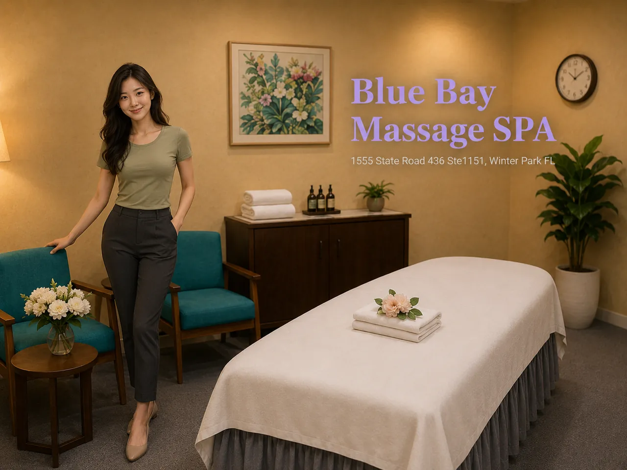 Friendly staff in a clean, private room at Blue Bay Massage Spa near Union Park, FL