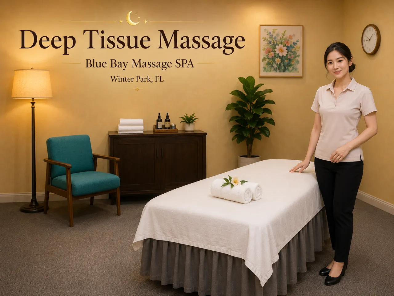 Friendly staff in a clean, private room for Shiatsu Massage at Blue Bay Massage Spa in Winter Park, FL
