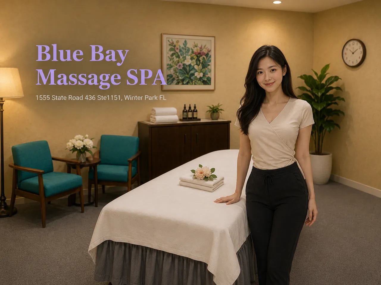 Friendly staff in a clean, private room for Muscle Tension Massage at Blue Bay Massage Spa in Winter Park, FL