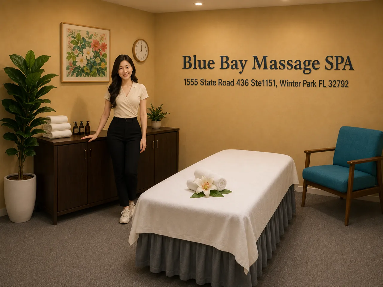 Staff member welcoming a guest into a room at Blue Bay Massage Spa in Winter Park, FL
