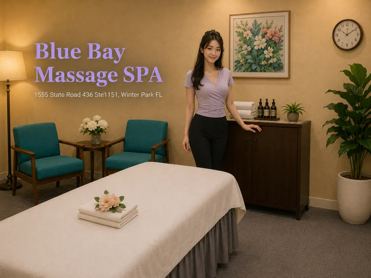 Staff member ready for a first-time guest at Blue Bay Massage Spa in Winter Park, FL