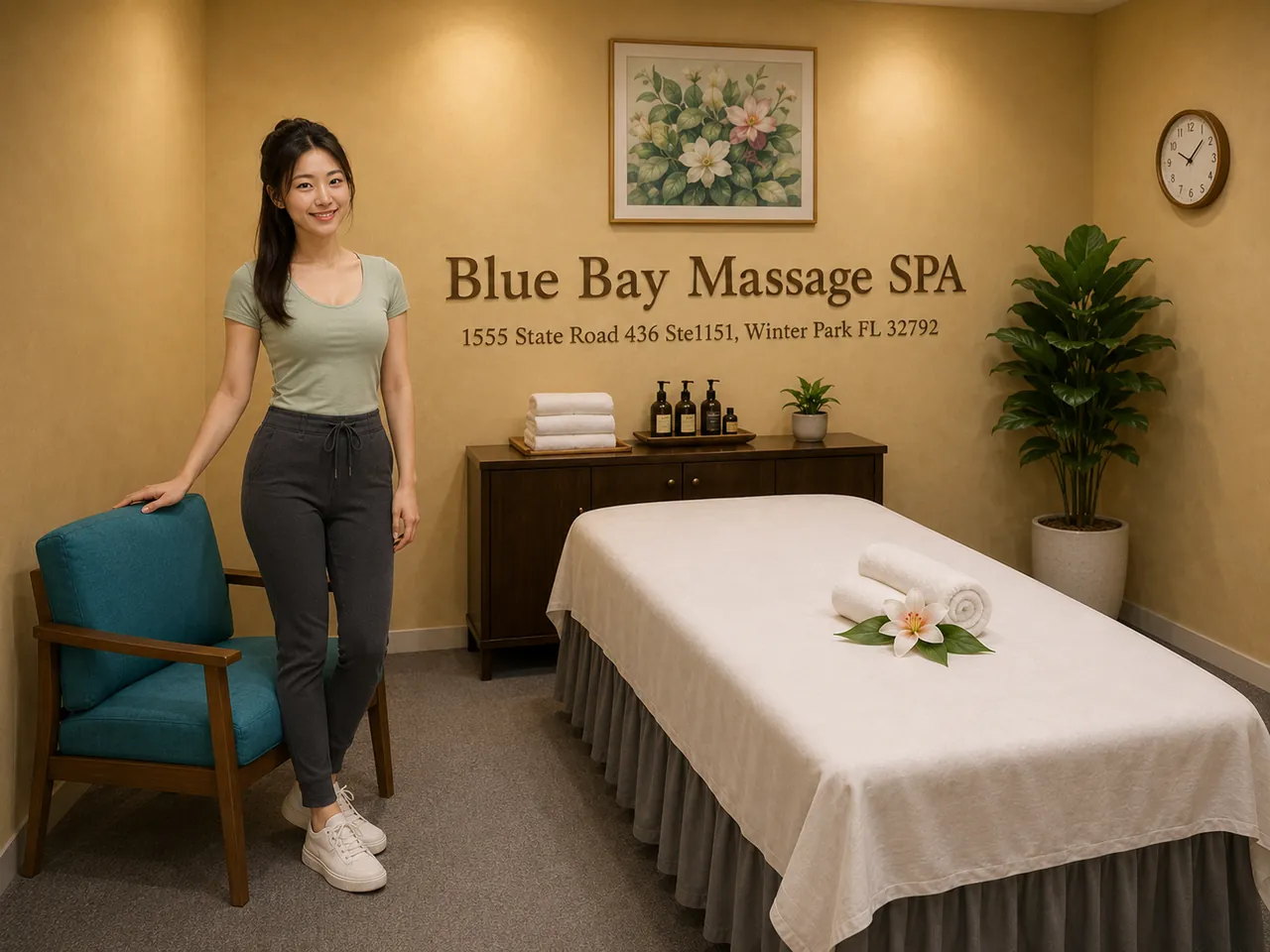 Staff member in a warm massage room at Blue Bay Massage Spa in Winter Park, FL
