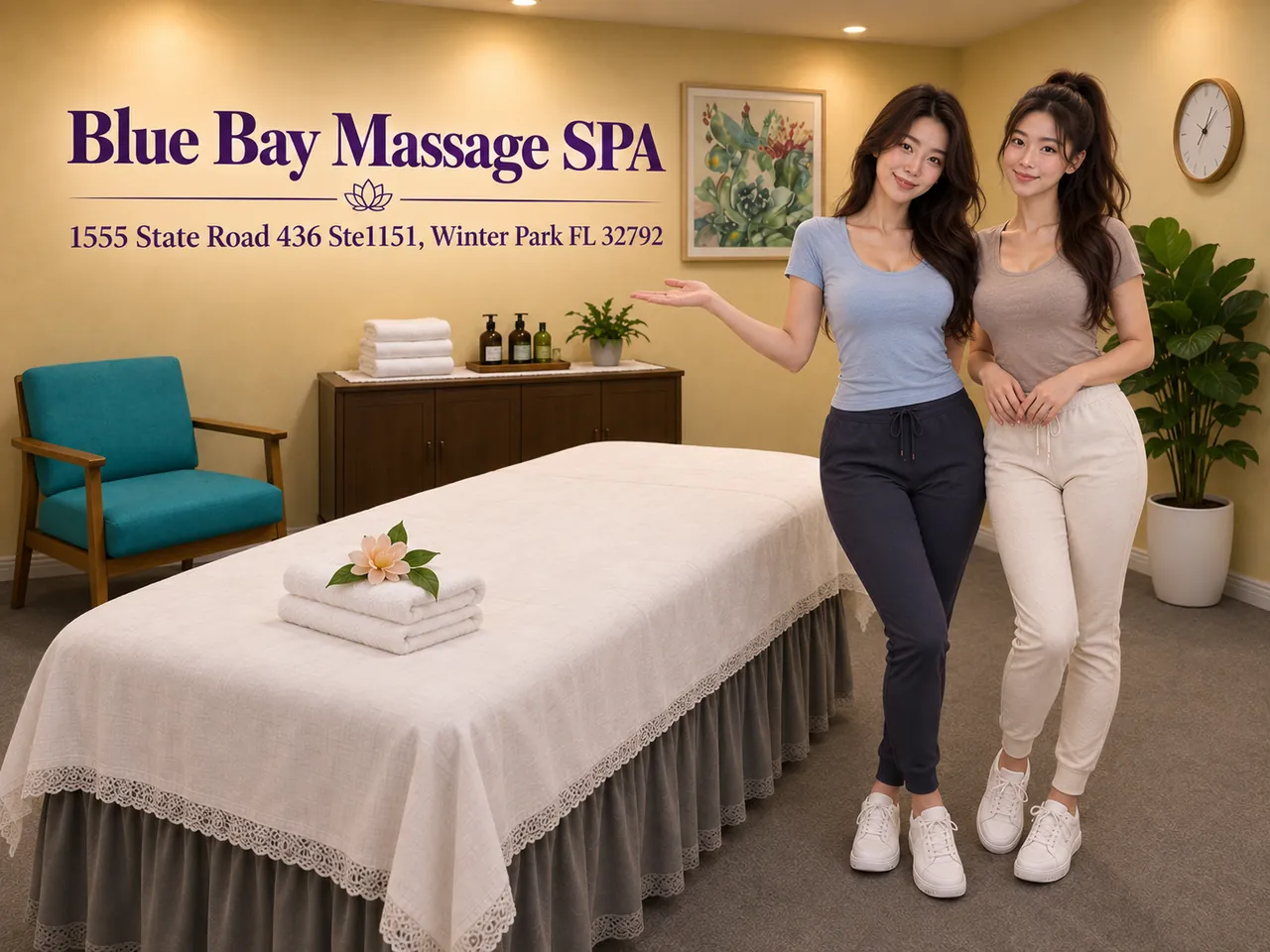 Friendly staff in a clean, private room for Shiatsu Massage at Blue Bay Massage Spa in Winter Park, FL