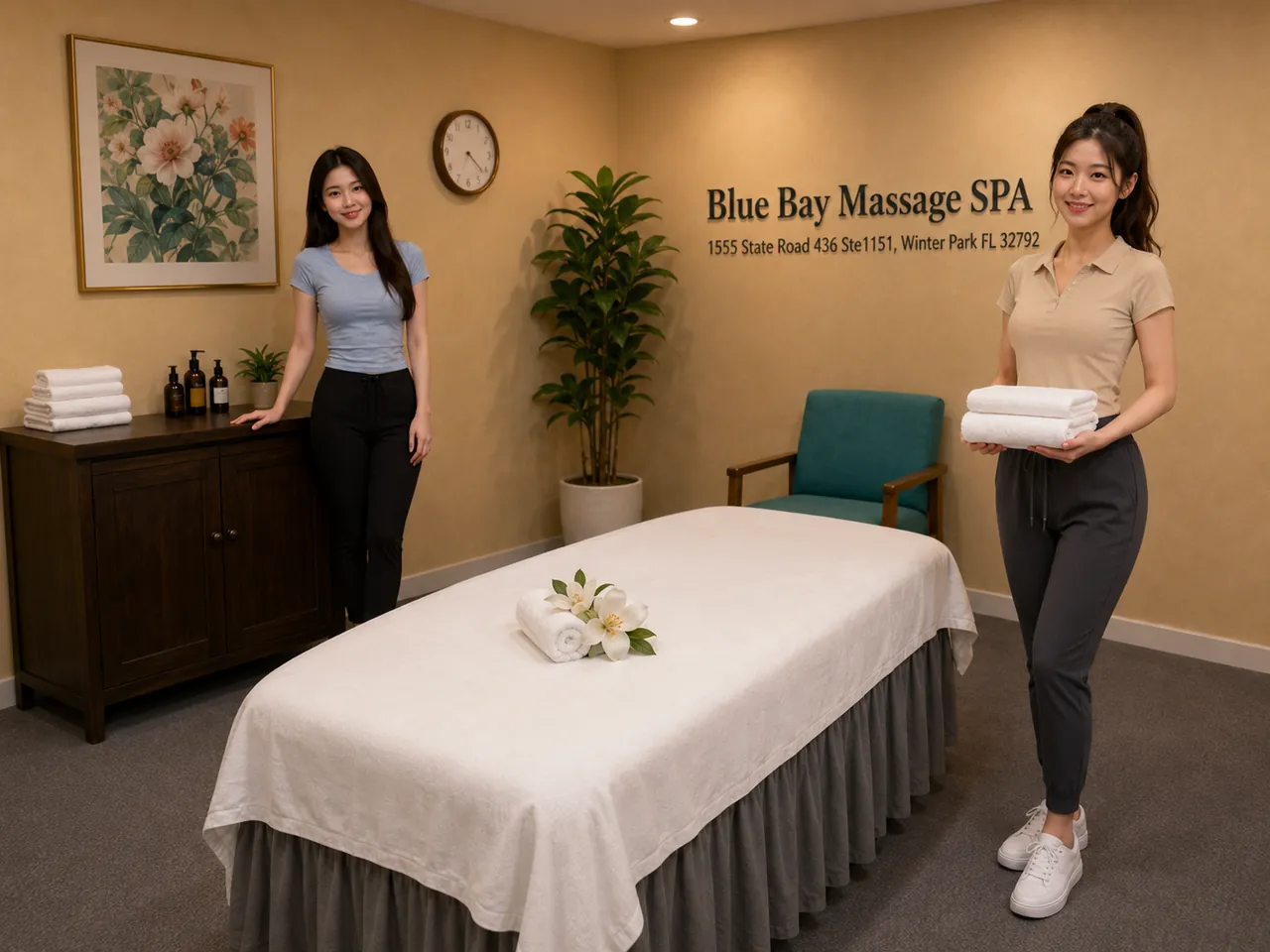 Two friendly staff members beside a made-up massage table at Blue Bay Massage Spa in Winter Park, FL