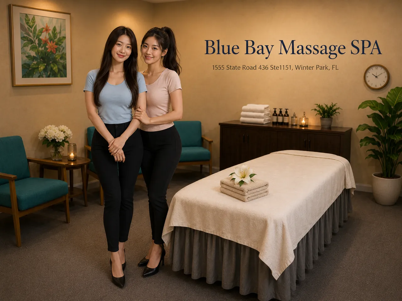 Friendly staff in a clean, private room for Shiatsu Massage at Blue Bay Massage Spa in Winter Park, FL