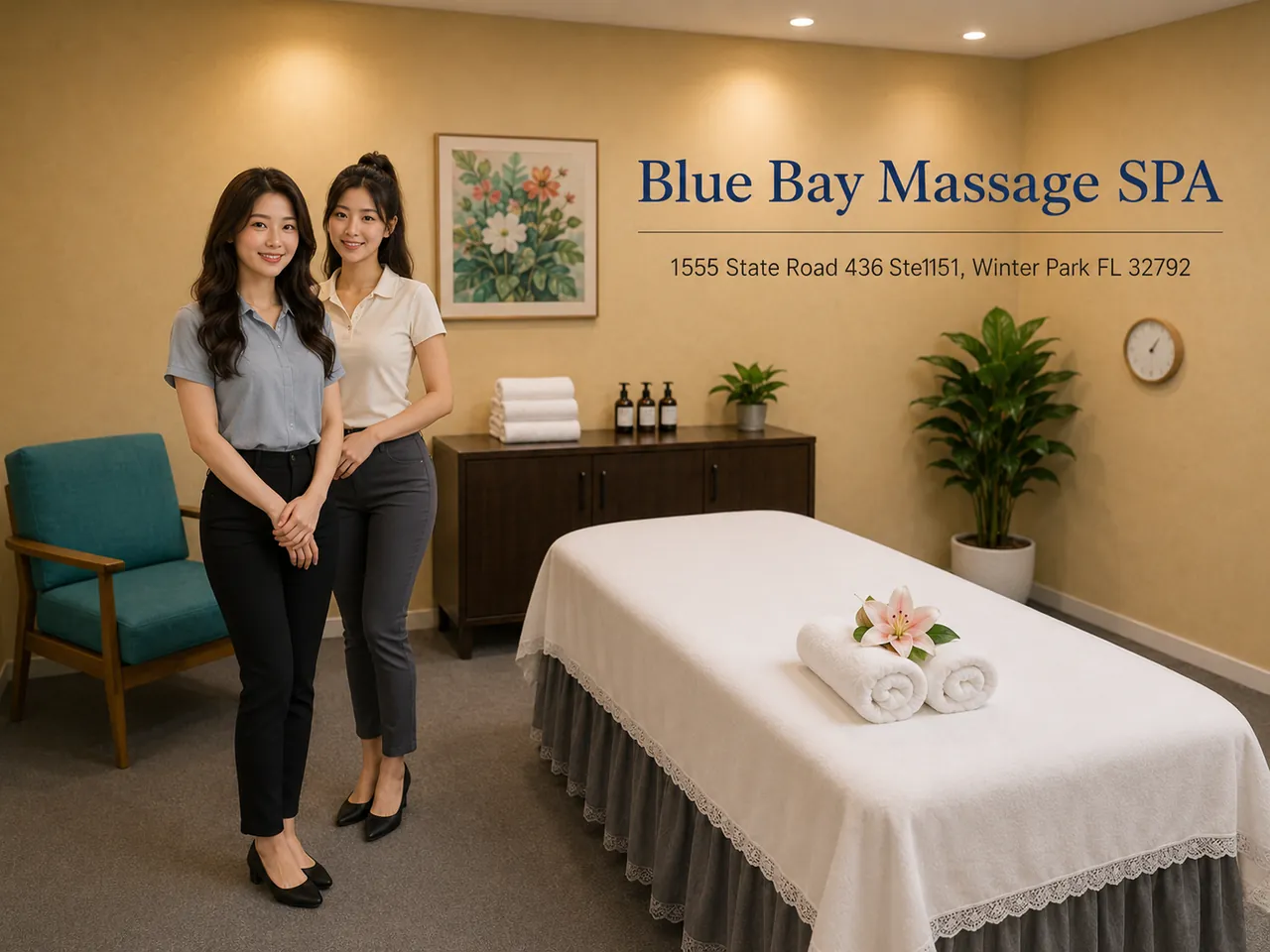 Friendly staff in a clean, private room for Muscle Tension Massage at Blue Bay Massage Spa in Winter Park, FL