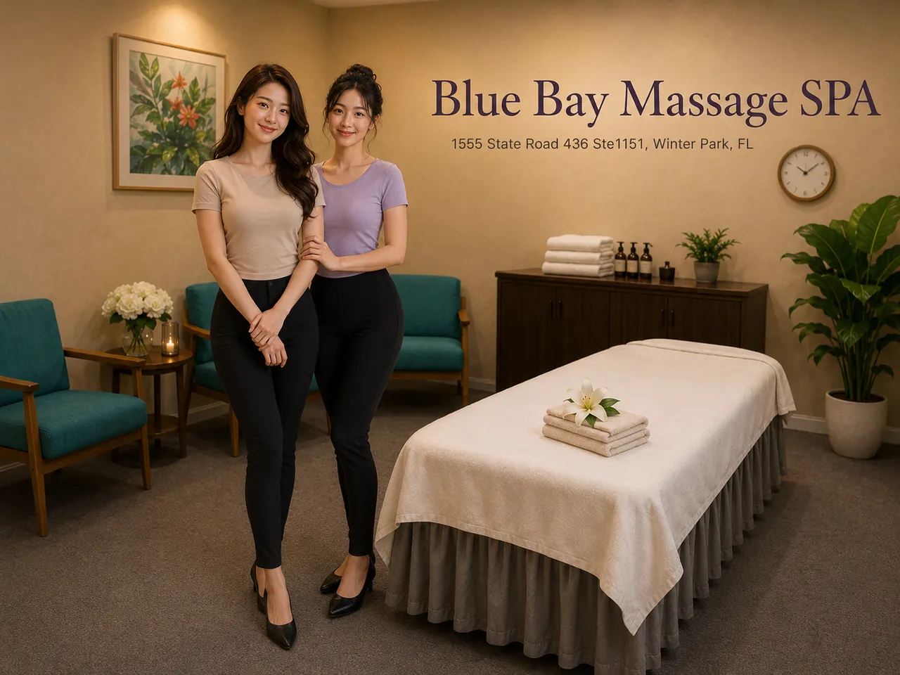 Friendly staff in a clean, private room at Blue Bay Massage Spa near Maitland, FL