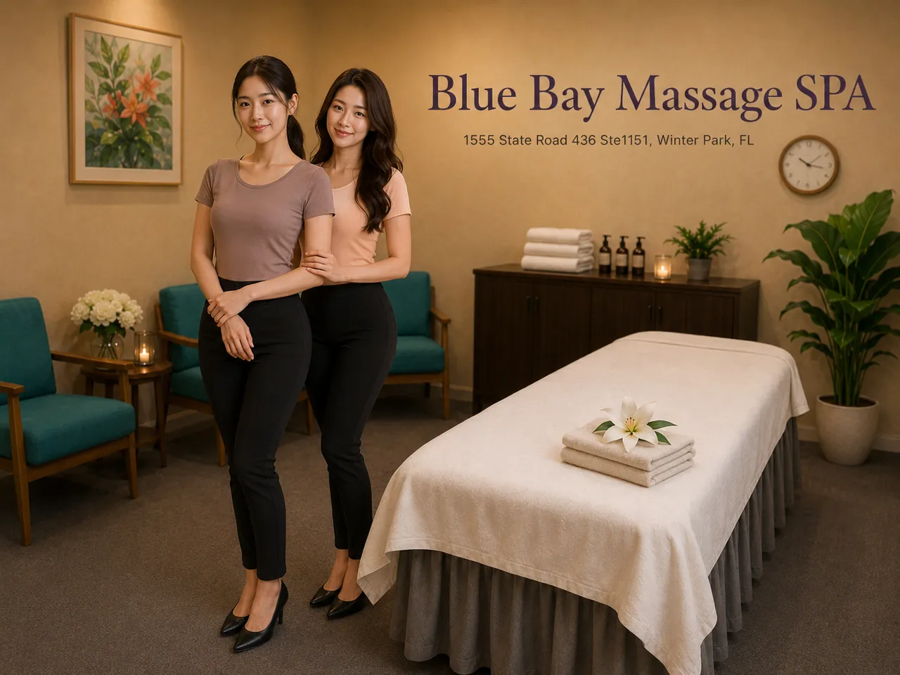 Two staff members beside a made-up massage table at Blue Bay Massage Spa in Winter Park, FL