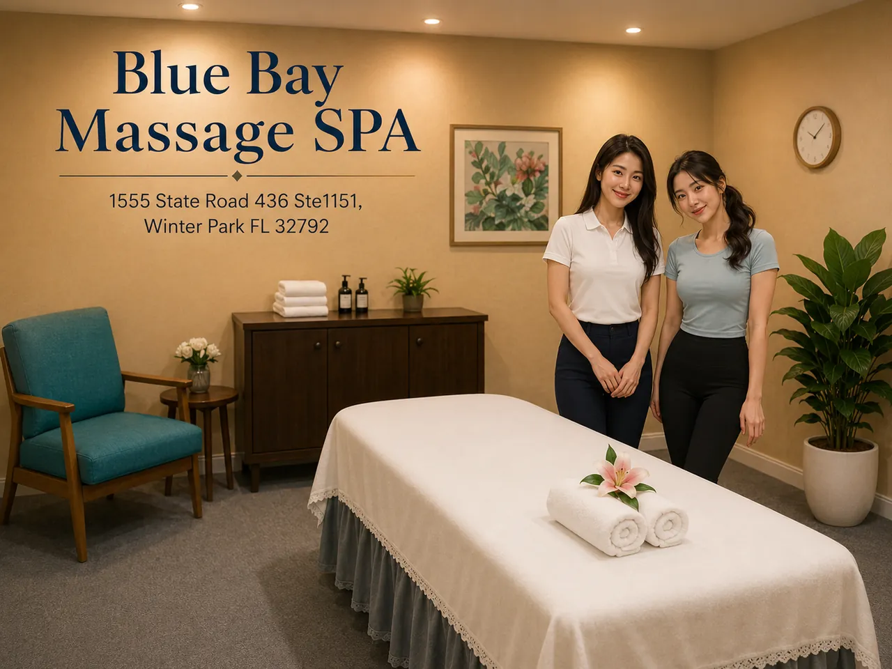Two staff members beside a made-up massage table at Blue Bay Massage Spa in Winter Park, FL
