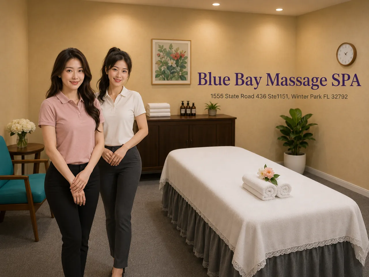Two friendly staff members at Blue Bay Massage Spa in Winter Park, FL