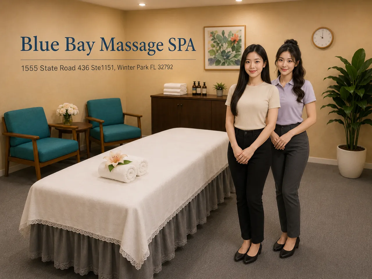 Friendly staff in a clean, private room at Blue Bay Massage Spa near Casselberry, FL