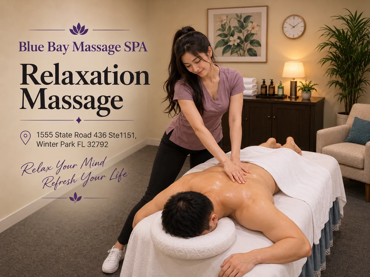 Therapist giving a relaxation massage at Blue Bay Massage Spa in Winter Park, FL