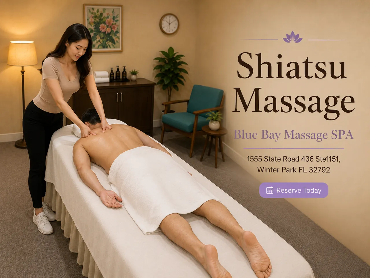 Therapist giving a Shiatsu massage at Blue Bay Massage Spa in Winter Park, FL