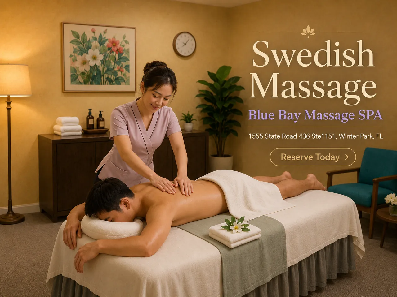 Therapist giving a Swedish massage at Blue Bay Massage Spa in Winter Park, FL